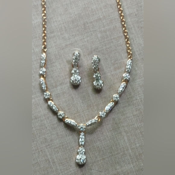 Swarovski Swan Emma Y Drop Gold Plated Crystal Necklace, Dangle  Earrings Vtg - Picture 1 of 12